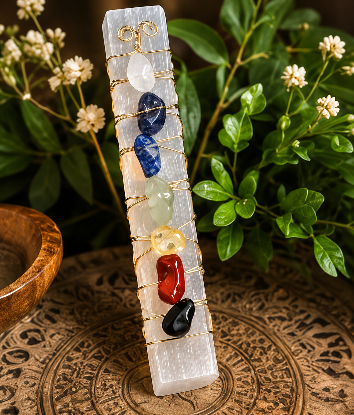 Handmade 7 Chakra Selenite Wand | Crystal Energy Cleansing Wand | Meditation, Reiki & Spiritual Home Decor
