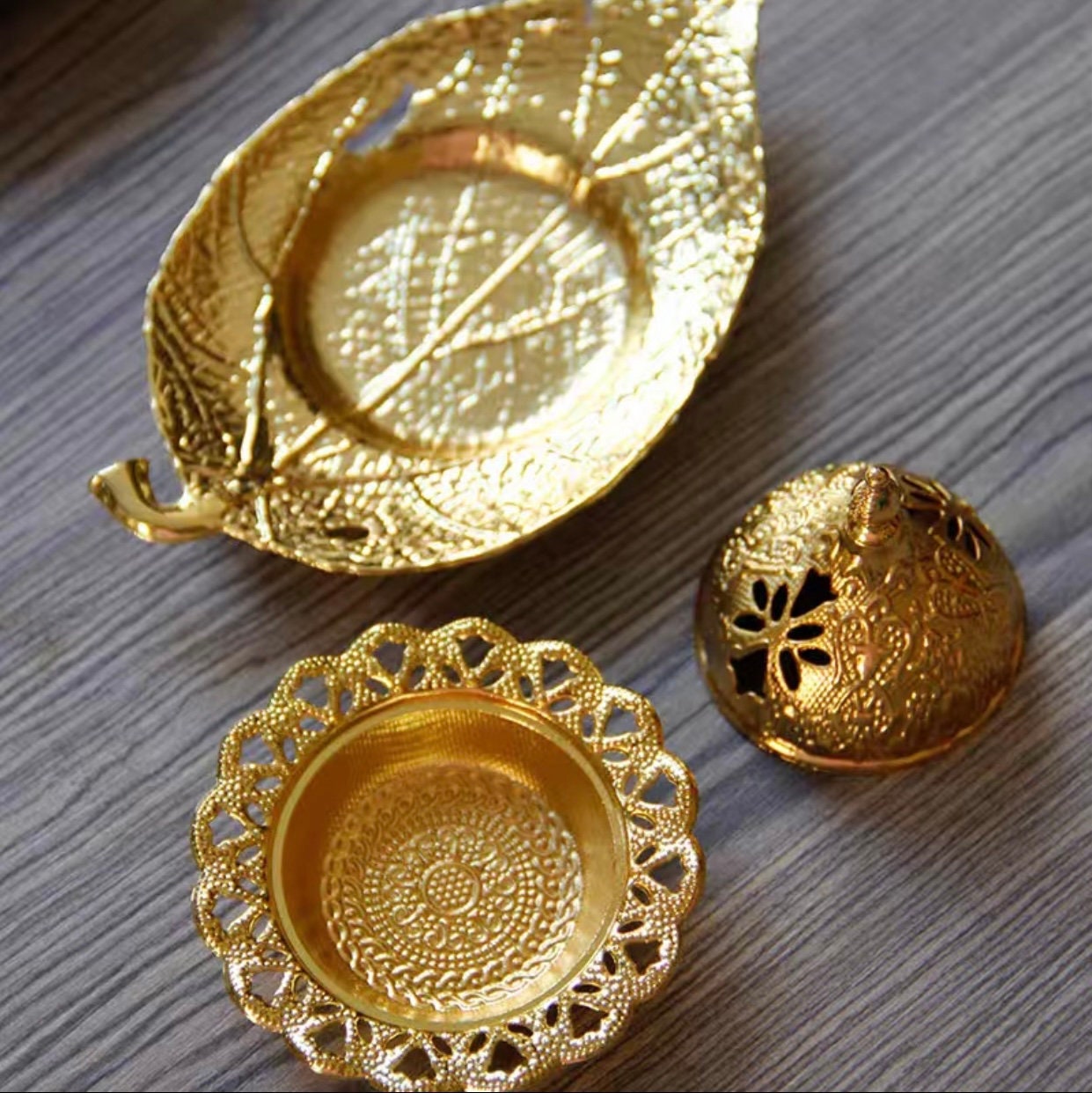 Hand Held Golden Leaf Incense Burner, Coal Burner, and Cone Burner Holder Middle East Arabic