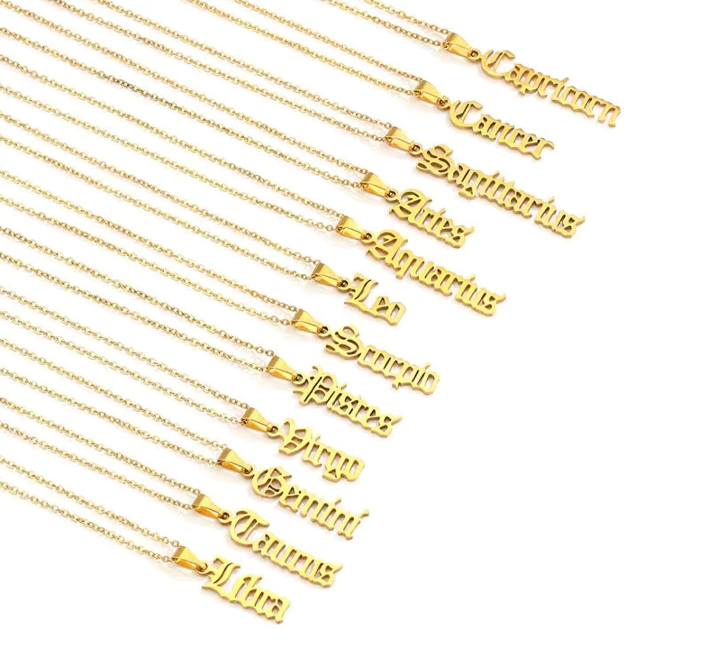 All 12 Zodiac Gold Necklaces- Aries, Taurus, Gemini, Cancer, Leo, Virgo, Libra, Scorpio, Sagittarius, Capricorn, Aquarius, Pisces