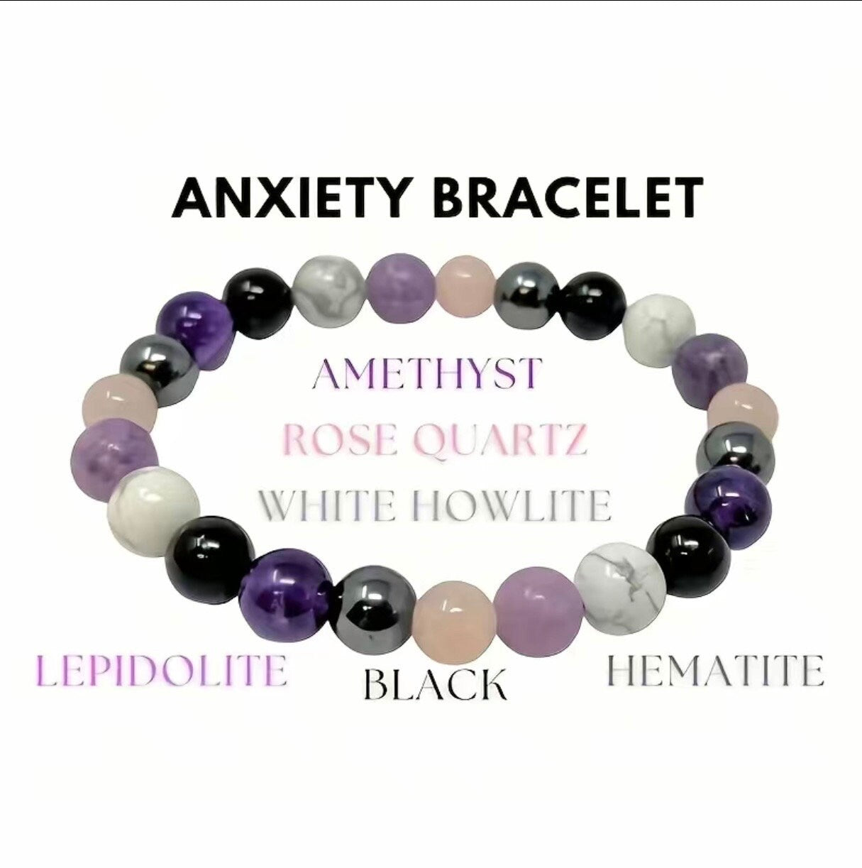 Anxiety Relief Bracelet with Amethyst, Clear Quartz, Rose Quartz, White Howlite, Lepidolite, Black Tourmaline, and Hematite