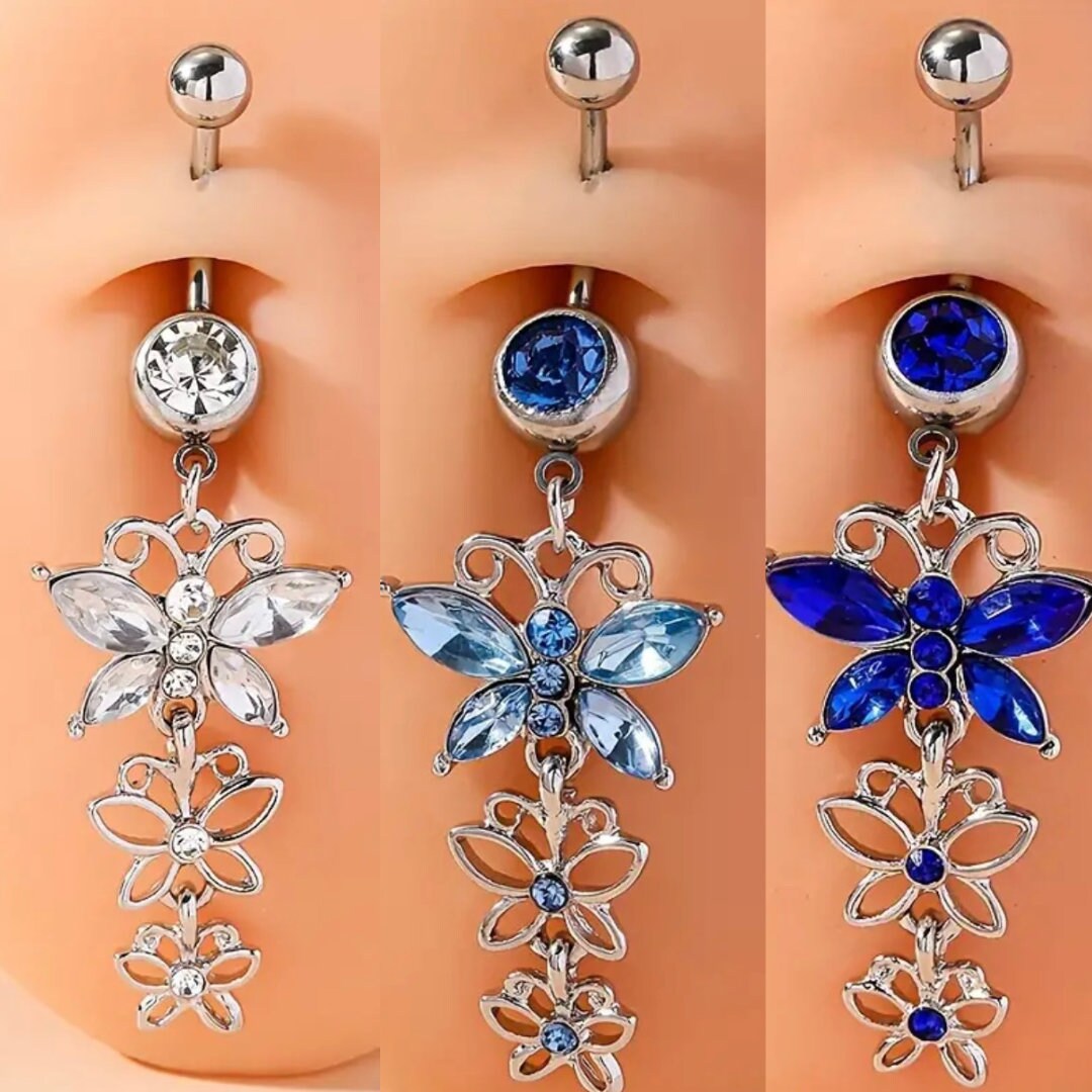 Butterfly Pendant Belly Ring- Blue and White