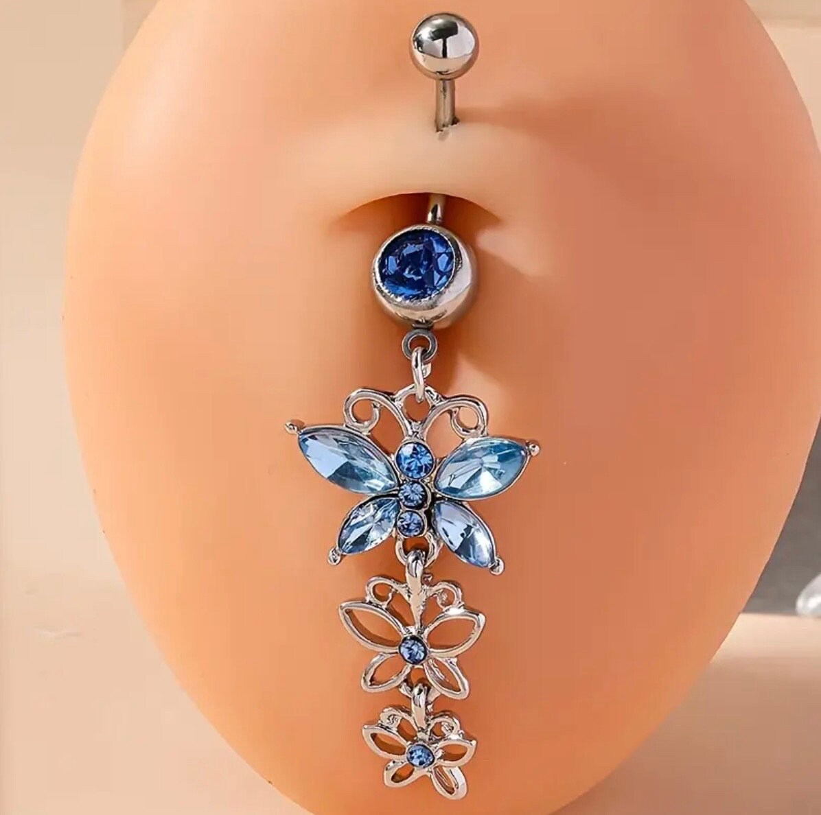 Butterfly Pendant Belly Ring- Blue and White