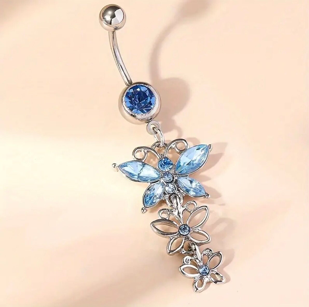 Butterfly Pendant Belly Ring- Blue and White