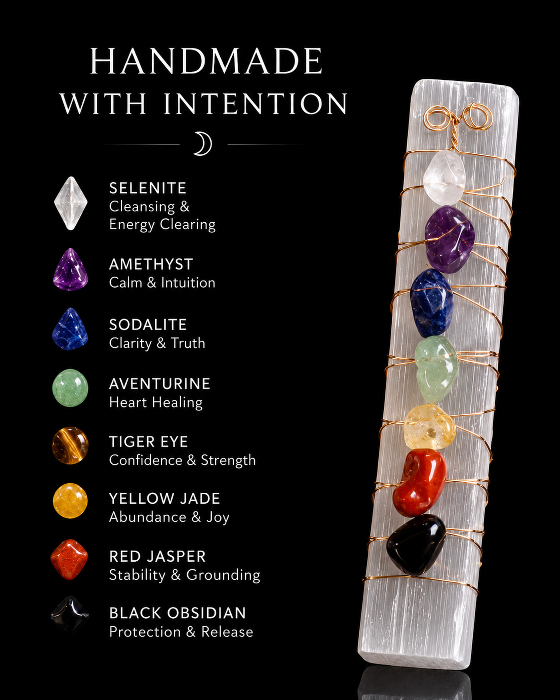 Handmade 7 Chakra Selenite Wand | Crystal Energy Cleansing Wand | Meditation, Reiki & Spiritual Home Decor