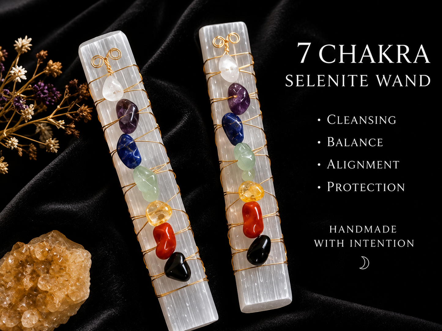 Handmade 7 Chakra Selenite Wand | Crystal Energy Cleansing Wand | Meditation, Reiki & Spiritual Home Decor