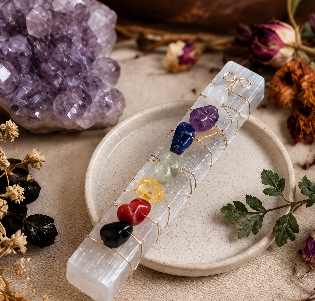 Handmade 7 Chakra Selenite Wand | Crystal Energy Cleansing Wand | Meditation, Reiki & Spiritual Home Decor