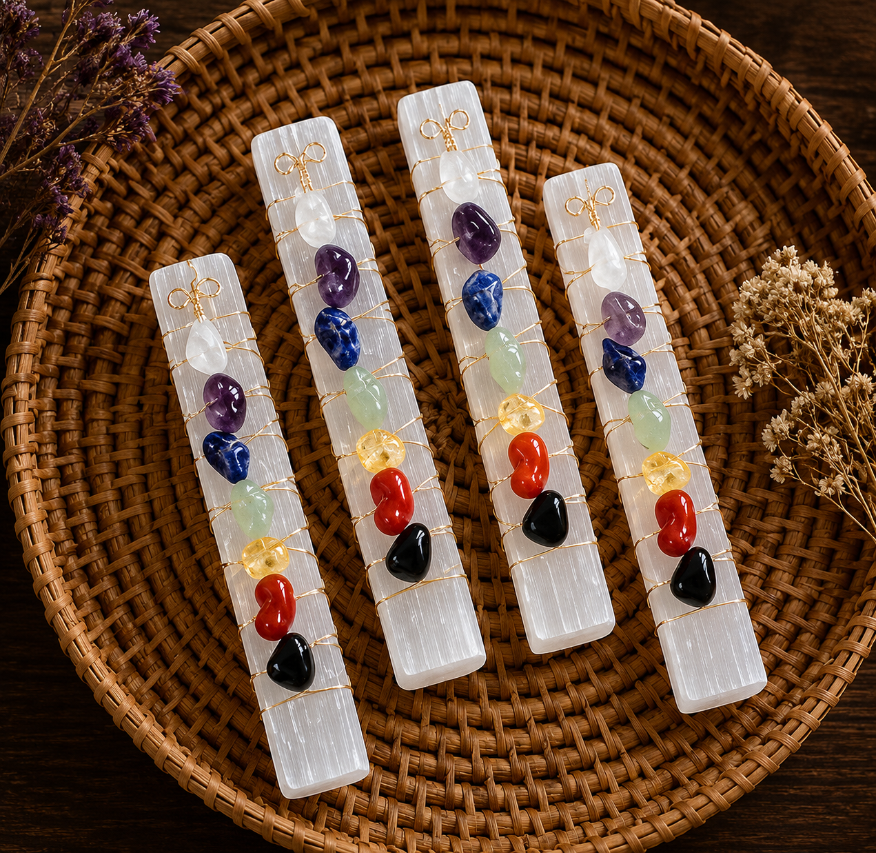 Handmade 7 Chakra Selenite Wand | Crystal Energy Cleansing Wand | Meditation, Reiki & Spiritual Home Decor